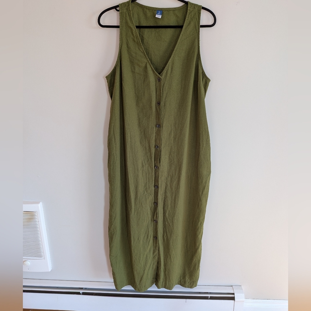 Old Navy Maxi Dress Olive Linen Blend Pockets Corset Tie Back Large Tall